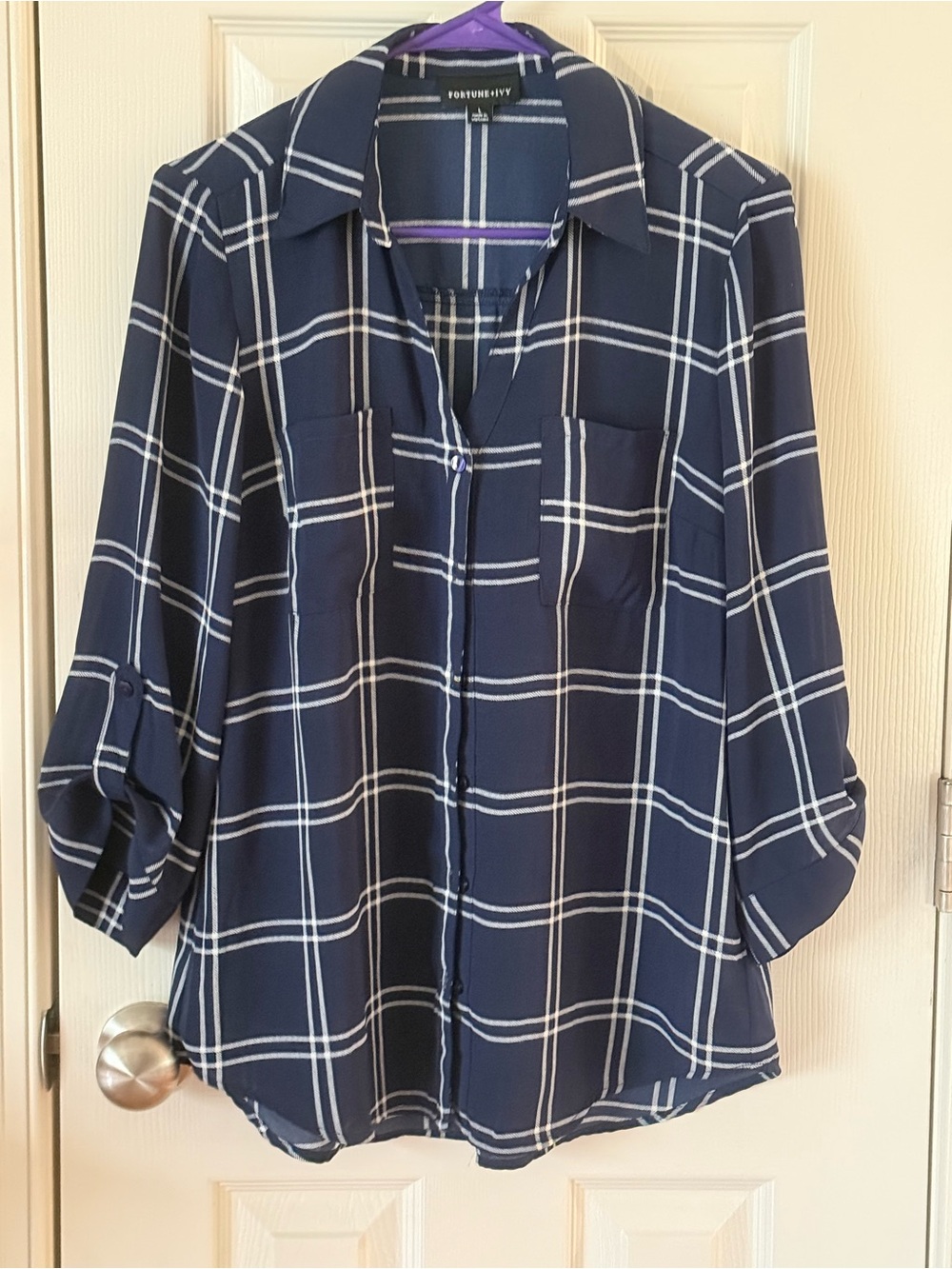 Fortune + Ivy Navy Windowpane Plaid Button Front Blouse Top Size Large - Picture 2 of 12